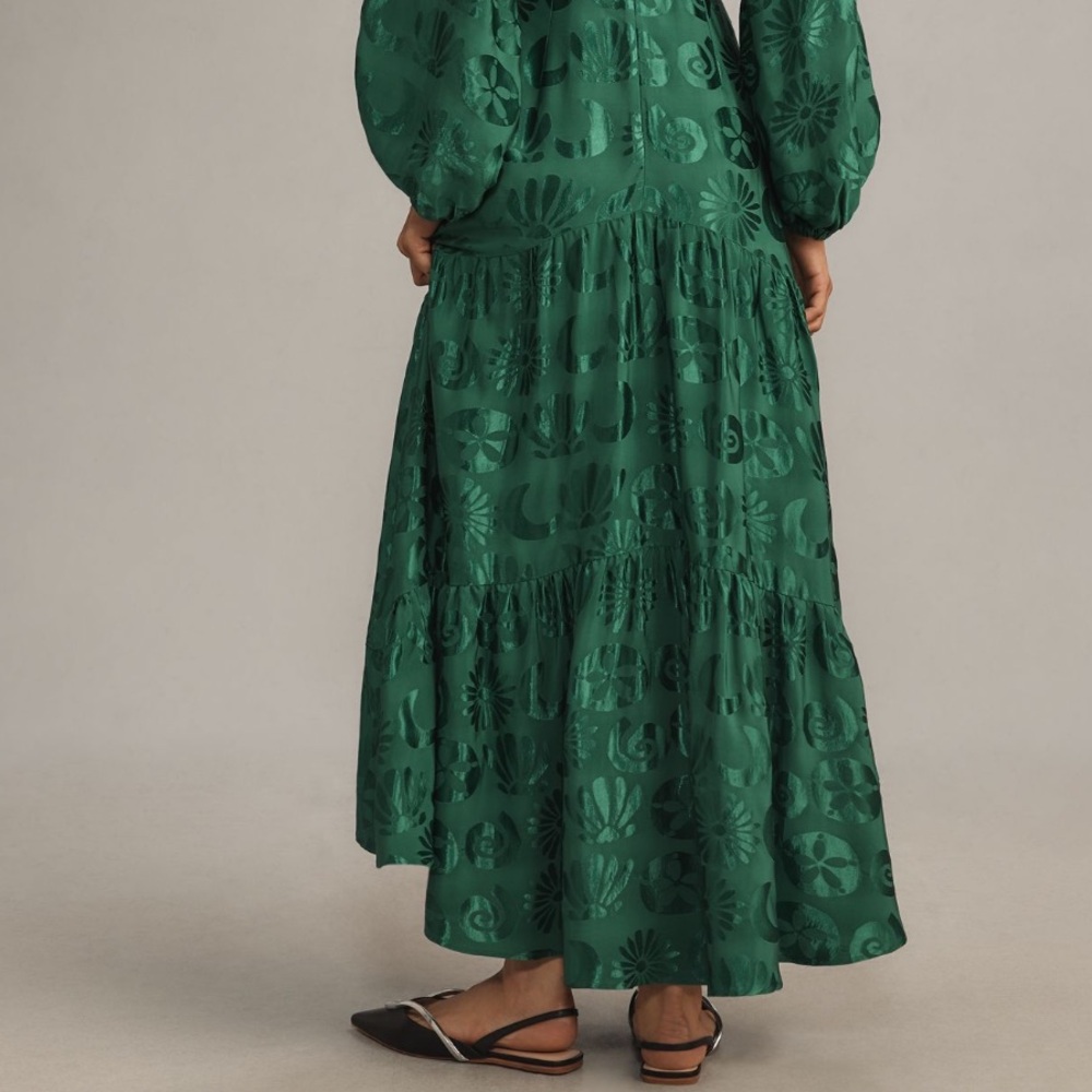 ANTHROPOLOGIE Farm Rio Green Floral Jacquard V-Neck Maxi Dress Petite MP NWT - Picture 6 of 17